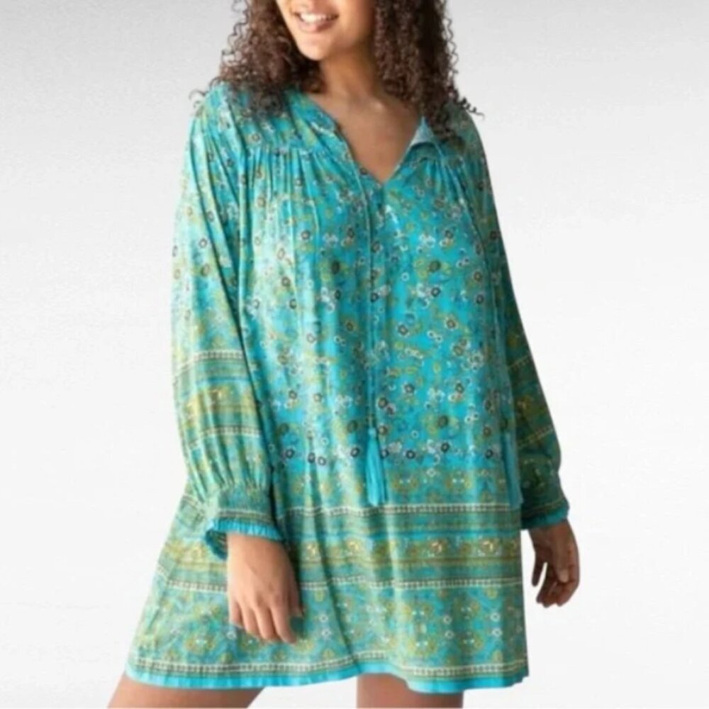 Natural Life Dara Dress Mini Floral Tunic Long Sleeve Teal Boho Large L EUC